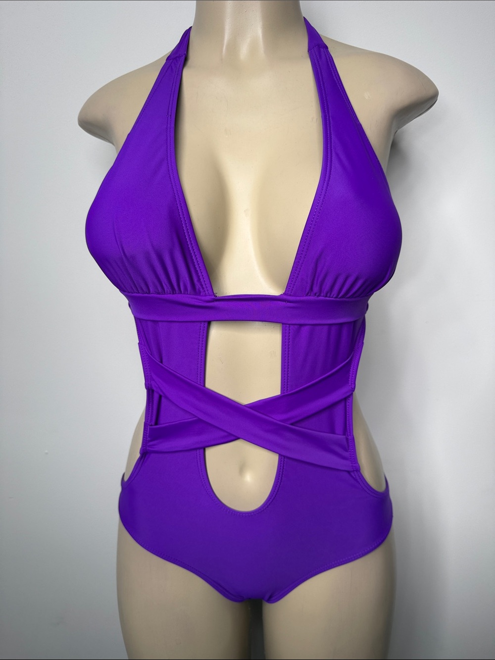 Wet Seal Purple Cutout Crisscross Halter One-Piece Swimsuit